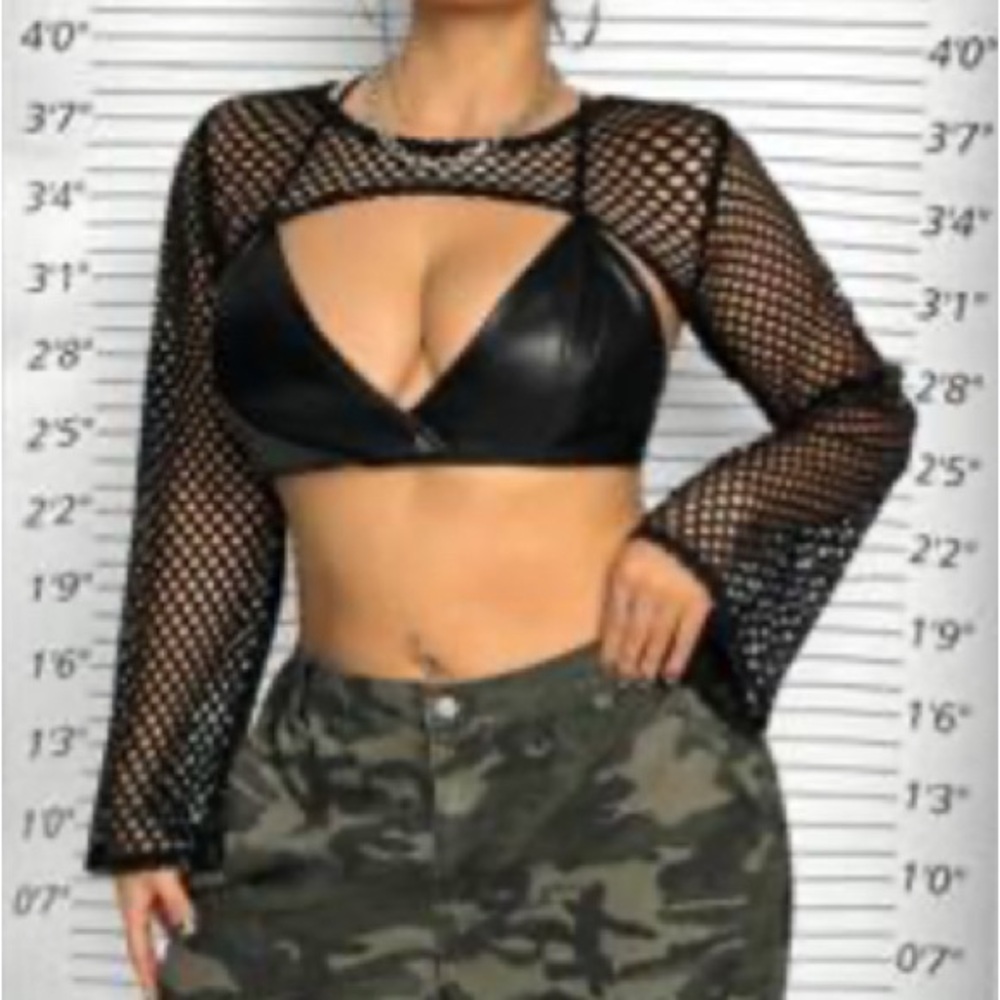 Black Mesh Long Sleeve Crop Top Plus Size